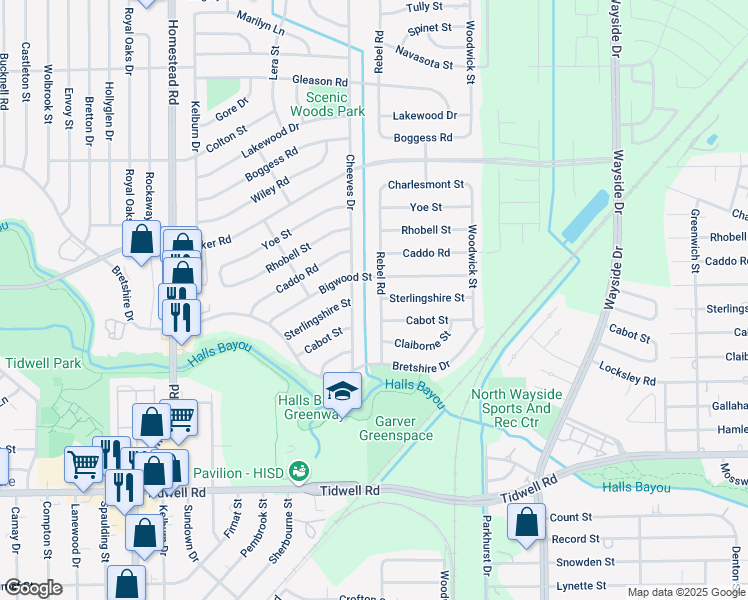 map of restaurants, bars, coffee shops, grocery stores, and more near 9929 Rebel Road in Houston