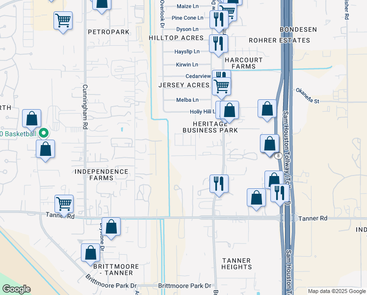 map of restaurants, bars, coffee shops, grocery stores, and more near 6005 Shorthorn Lane in Houston