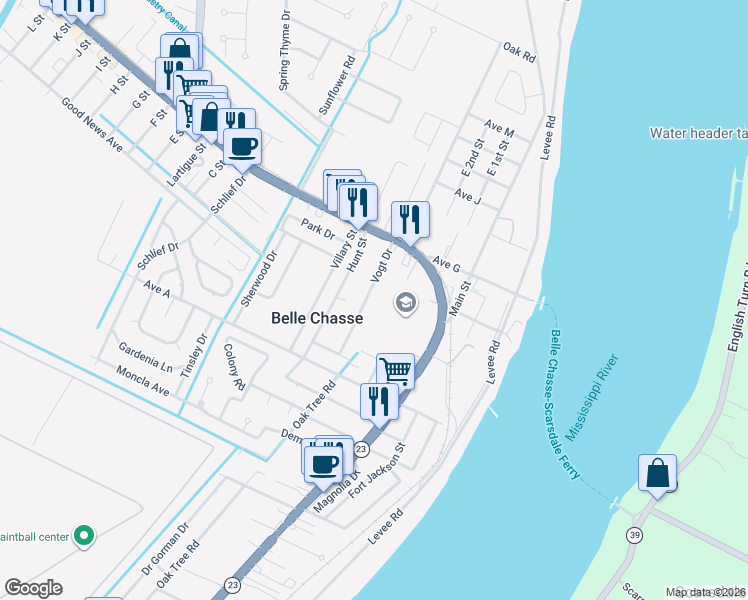 map of restaurants, bars, coffee shops, grocery stores, and more near 113 Vogt Drive in Belle Chasse