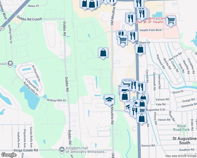 map of restaurants, bars, coffee shops, grocery stores, and more near 88 Grand Park Ridge Lane in St. Augustine