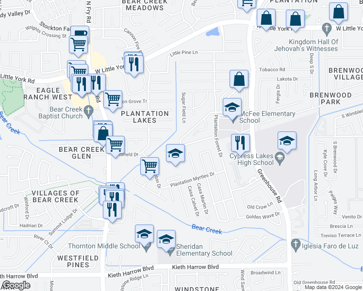 map of restaurants, bars, coffee shops, grocery stores, and more near Aventine Plantation Drive in Katy