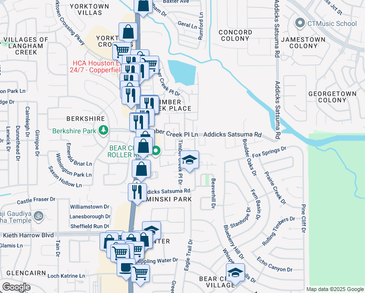map of restaurants, bars, coffee shops, grocery stores, and more near 5450 Timber Creek Place Drive in Houston