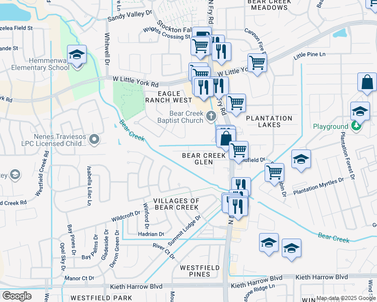 map of restaurants, bars, coffee shops, grocery stores, and more near Ridgebluff Lane in Katy