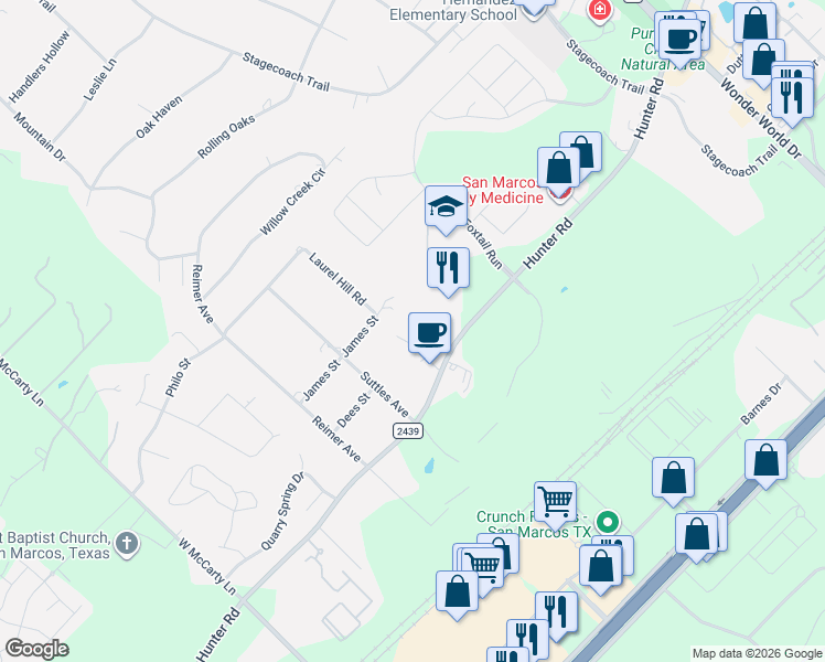 map of restaurants, bars, coffee shops, grocery stores, and more near 2600 Hunter Road in San Marcos