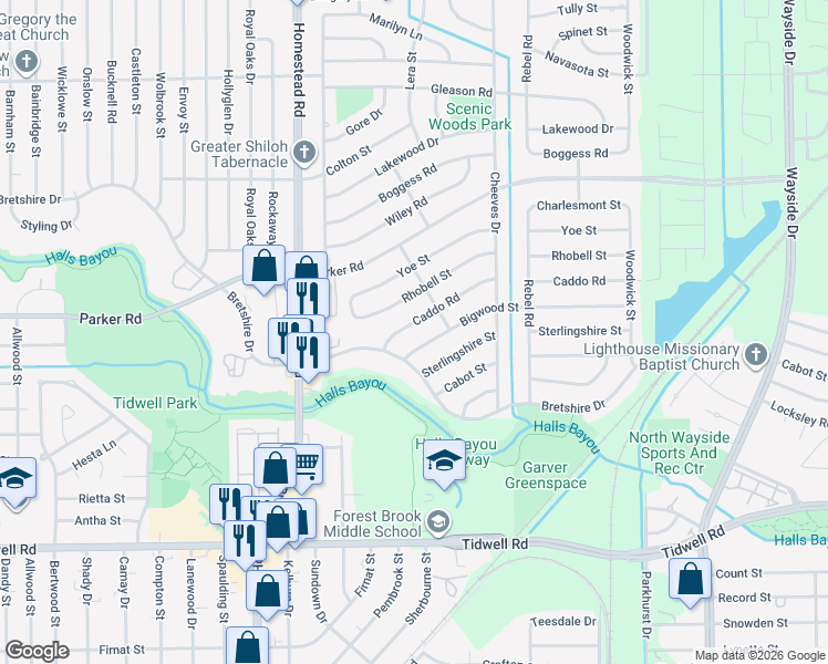 map of restaurants, bars, coffee shops, grocery stores, and more near 7325 Caddo Road in Houston