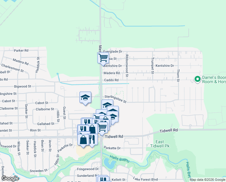 map of restaurants, bars, coffee shops, grocery stores, and more near 9818 Graniteville Drive in Houston