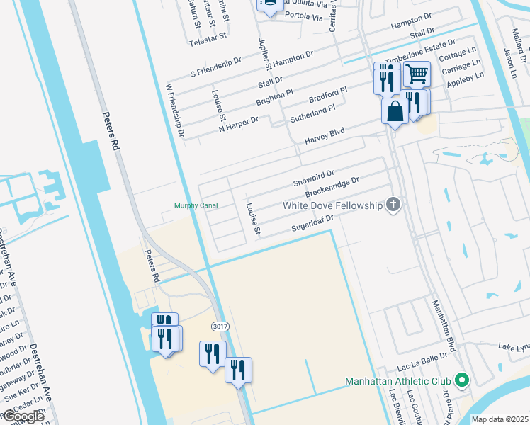 map of restaurants, bars, coffee shops, grocery stores, and more near 2256 Breckenridge Drive in Harvey