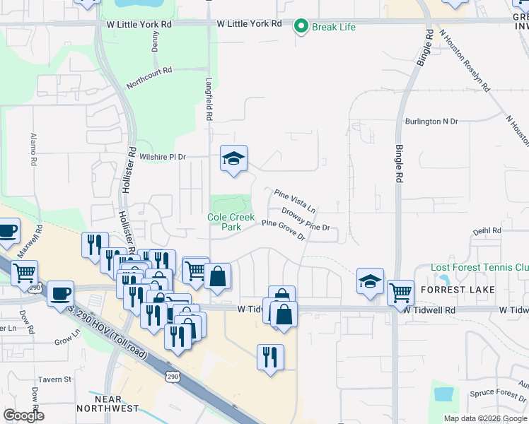 map of restaurants, bars, coffee shops, grocery stores, and more near 6018 Pine Bark Drive in Houston