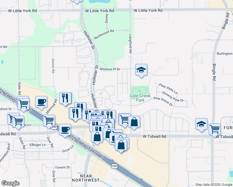 map of restaurants, bars, coffee shops, grocery stores, and more near 6343 Wilshire Ridge in Houston
