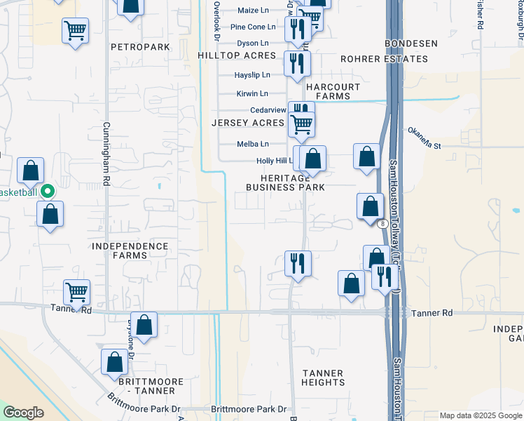 map of restaurants, bars, coffee shops, grocery stores, and more near 6005 Shorthorn Lane in Houston