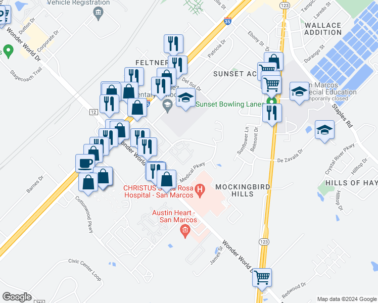 map of restaurants, bars, coffee shops, grocery stores, and more near 1001 Leah Avenue in San Marcos