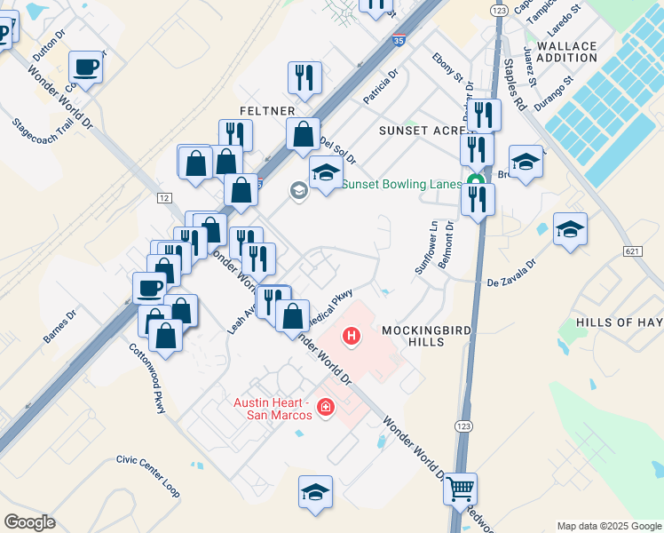 map of restaurants, bars, coffee shops, grocery stores, and more near 1001 Leah Avenue in San Marcos