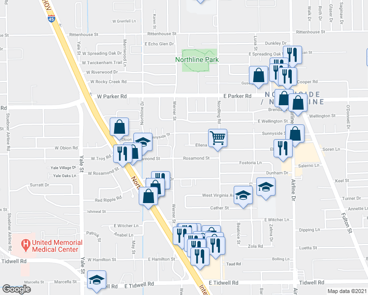 map of restaurants, bars, coffee shops, grocery stores, and more near 318 Ellena Road in Houston
