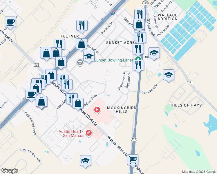 map of restaurants, bars, coffee shops, grocery stores, and more near 1811 Medical Parkway in San Marcos