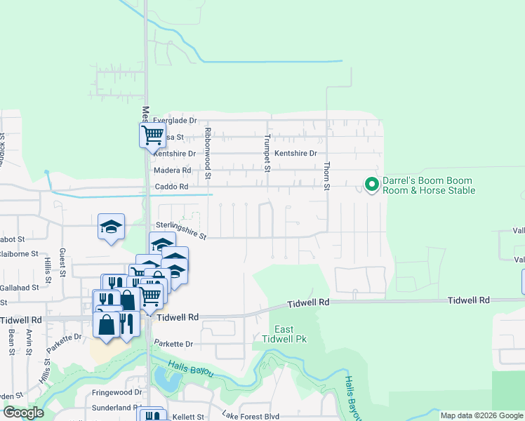 map of restaurants, bars, coffee shops, grocery stores, and more near 9834 Denning Drive in Houston