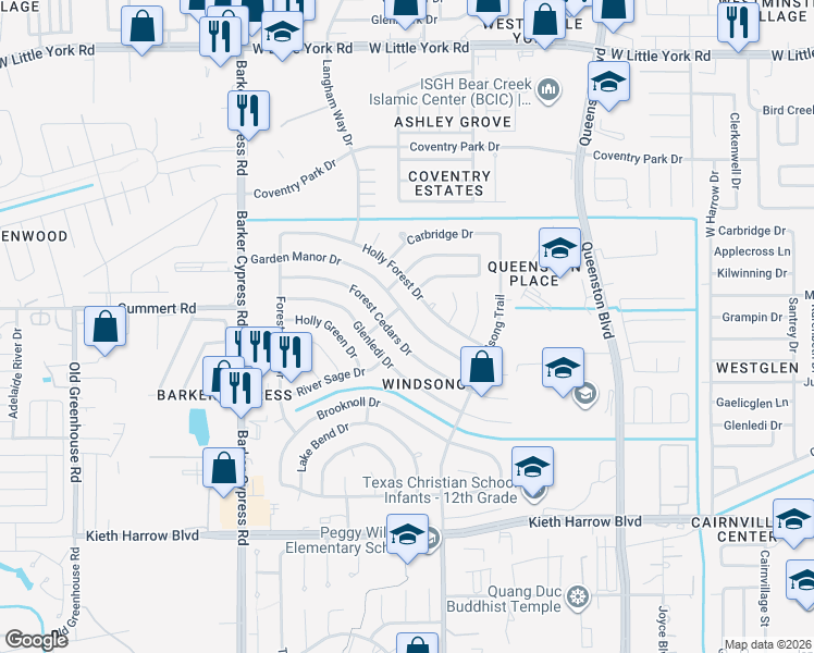 map of restaurants, bars, coffee shops, grocery stores, and more near 18067 Garden Manor Drive in Houston