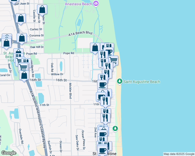 map of restaurants, bars, coffee shops, grocery stores, and more near CP62 Atlantis Circle in St. Augustine