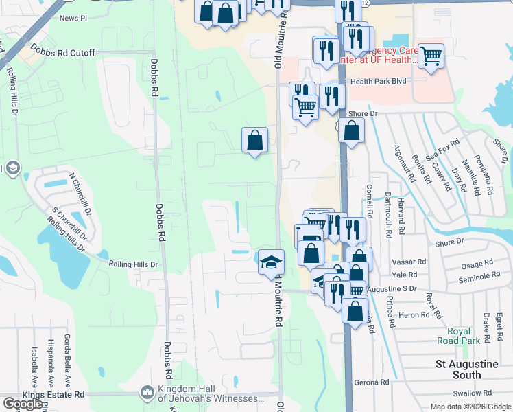map of restaurants, bars, coffee shops, grocery stores, and more near 88 Grand Park Ridge Lane in St. Augustine