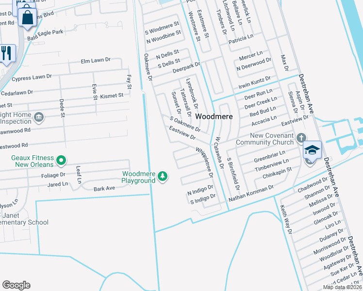 map of restaurants, bars, coffee shops, grocery stores, and more near 2547 Whippletree Drive in Harvey