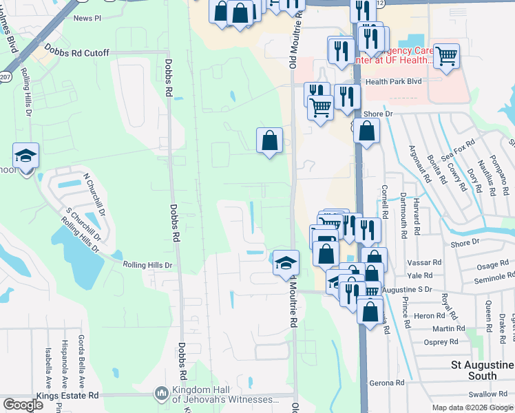 map of restaurants, bars, coffee shops, grocery stores, and more near 88 Grand Park Ridge Lane in St. Augustine