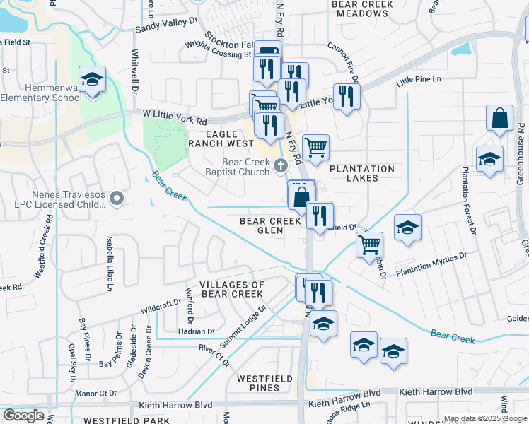map of restaurants, bars, coffee shops, grocery stores, and more near 20038 Bluecreek Ridge in Katy
