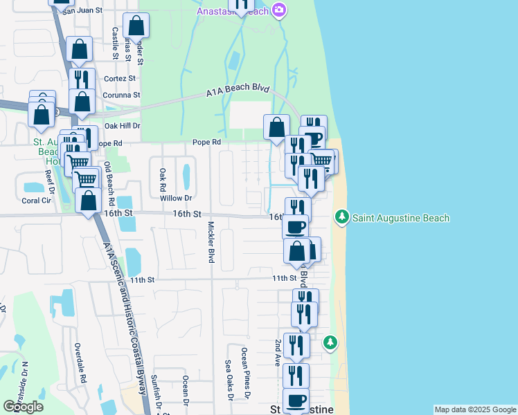 map of restaurants, bars, coffee shops, grocery stores, and more near 200 16th Street North in Jacksonville Beach