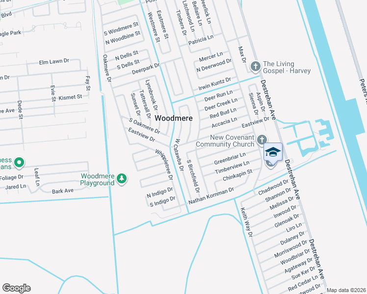map of restaurants, bars, coffee shops, grocery stores, and more near 3921 Eastview Drive in Harvey