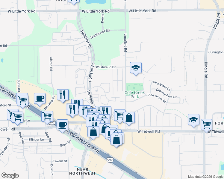 map of restaurants, bars, coffee shops, grocery stores, and more near 6343 Wilshire Ridge in Houston