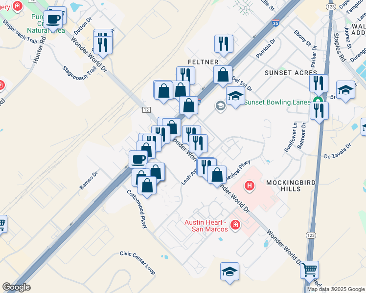 map of restaurants, bars, coffee shops, grocery stores, and more near 9 Wonder World Drive in San Marcos