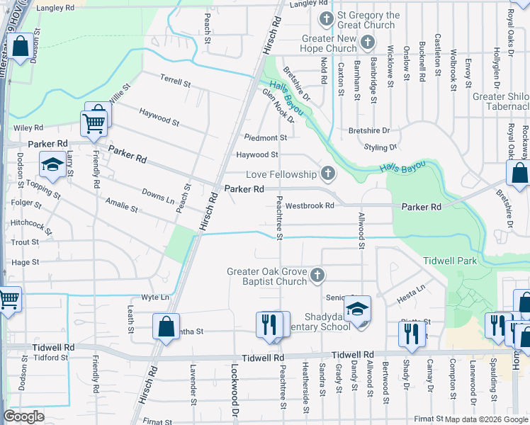 map of restaurants, bars, coffee shops, grocery stores, and more near 5214 Westbrook Road in Houston
