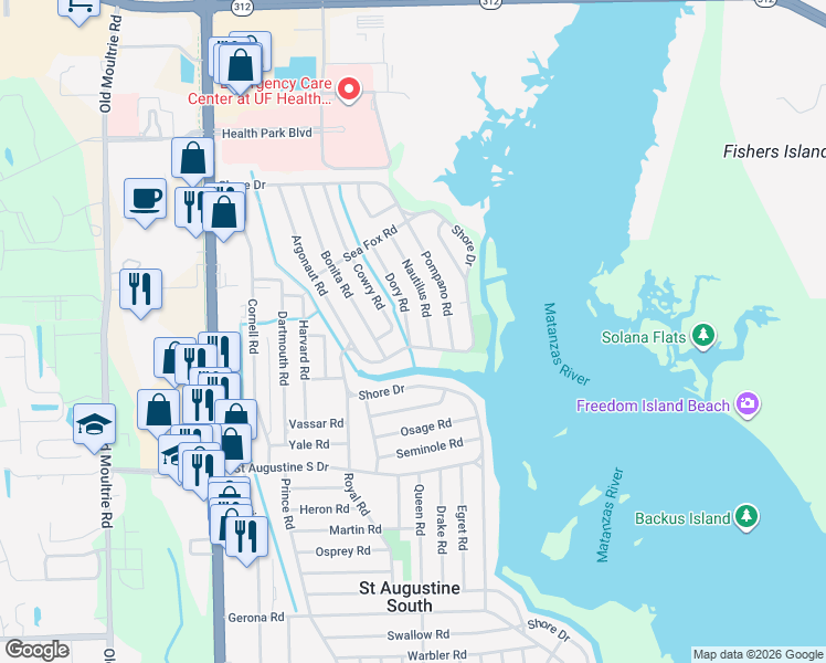 map of restaurants, bars, coffee shops, grocery stores, and more near 157 Dory Road in St. Augustine
