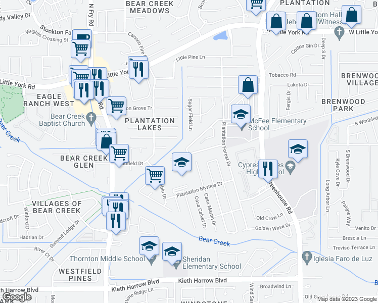 map of restaurants, bars, coffee shops, grocery stores, and more near 19538 Aventine Plantation Drive in Katy