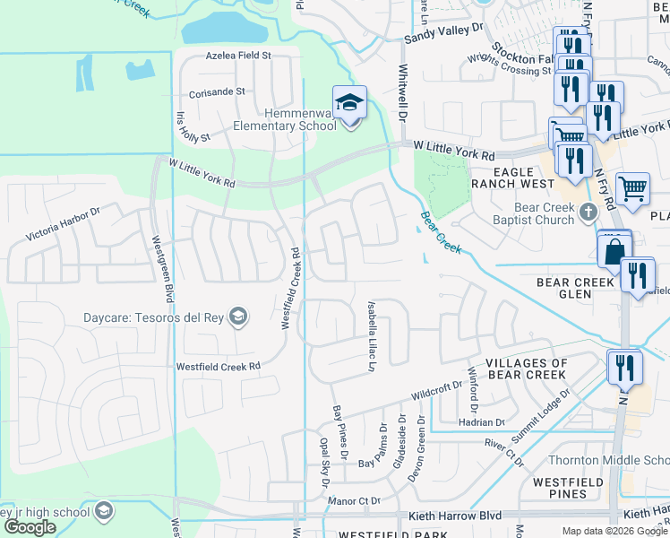map of restaurants, bars, coffee shops, grocery stores, and more near 5403 Rustling Gates Lane in Katy
