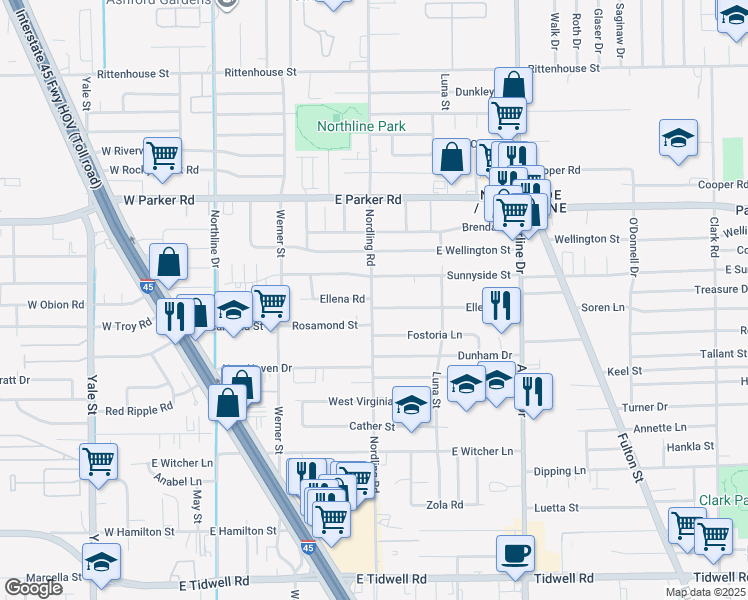 map of restaurants, bars, coffee shops, grocery stores, and more near 6308 Nordling Road in Houston