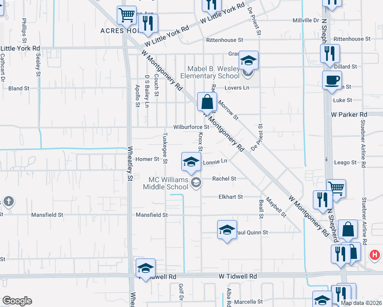 map of restaurants, bars, coffee shops, grocery stores, and more near 6315 Knox Street in Houston
