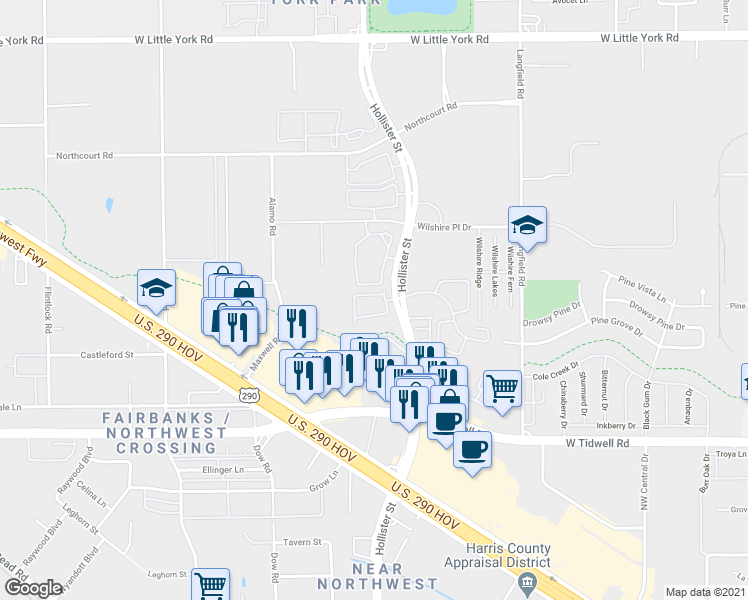 map of restaurants, bars, coffee shops, grocery stores, and more near 7519 North Linpar Court in Houston