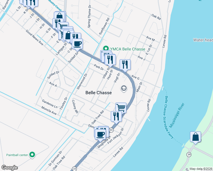 map of restaurants, bars, coffee shops, grocery stores, and more near 119 Hunt Street in Belle Chasse