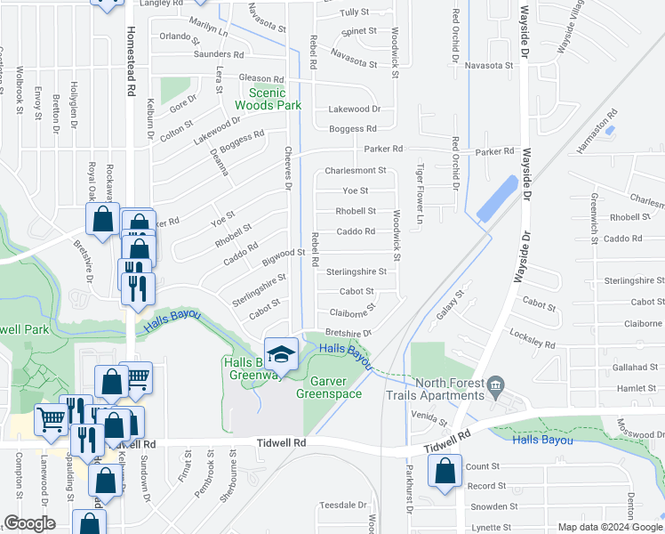 map of restaurants, bars, coffee shops, grocery stores, and more near 7615 Sterlingshire Street in Houston