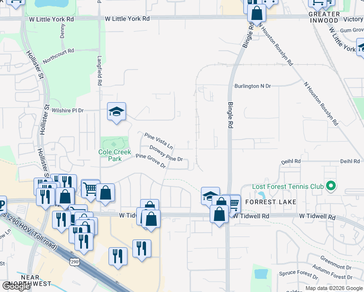 map of restaurants, bars, coffee shops, grocery stores, and more near 6922 Pine Vista Lane in Houston
