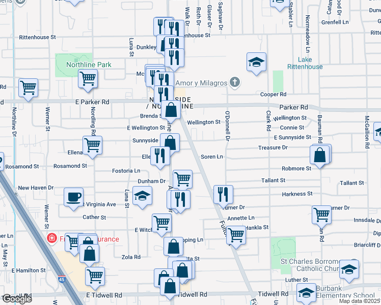 map of restaurants, bars, coffee shops, grocery stores, and more near 6210 Airline Drive in Houston