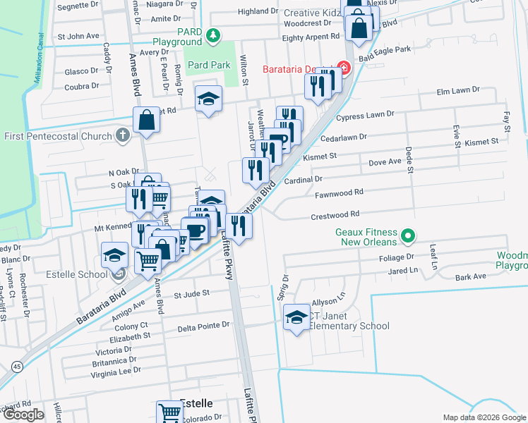 map of restaurants, bars, coffee shops, grocery stores, and more near 2509 Fawnwood Road in Marrero