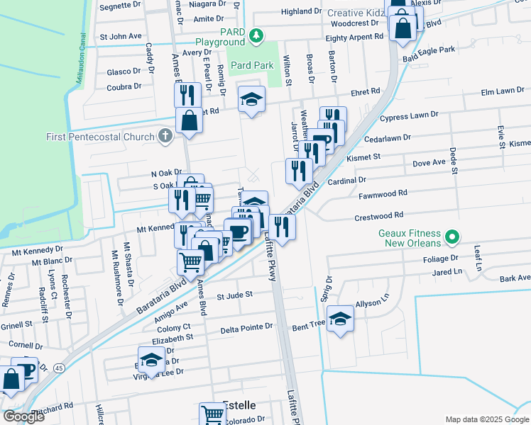 map of restaurants, bars, coffee shops, grocery stores, and more near 2570 Martin Drive in Marrero