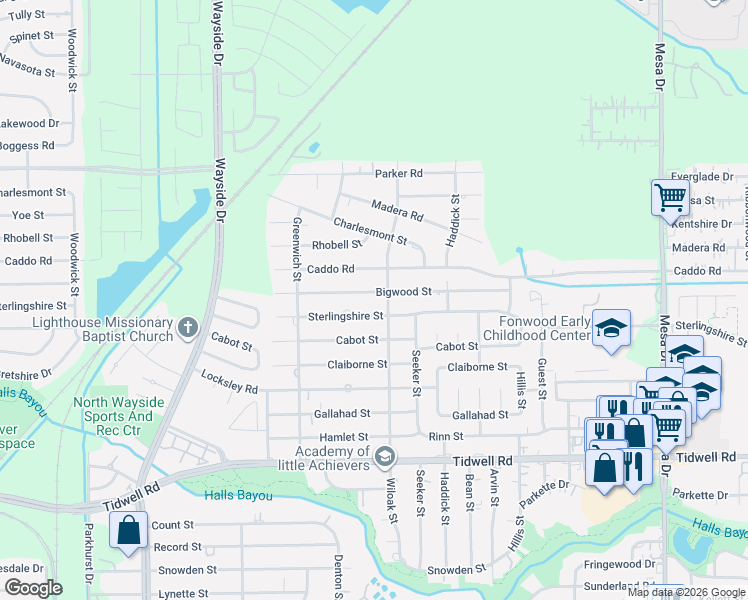 map of restaurants, bars, coffee shops, grocery stores, and more near 8221 Bigwood Street in Houston