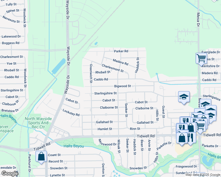 map of restaurants, bars, coffee shops, grocery stores, and more near 8221 Bigwood Street in Houston