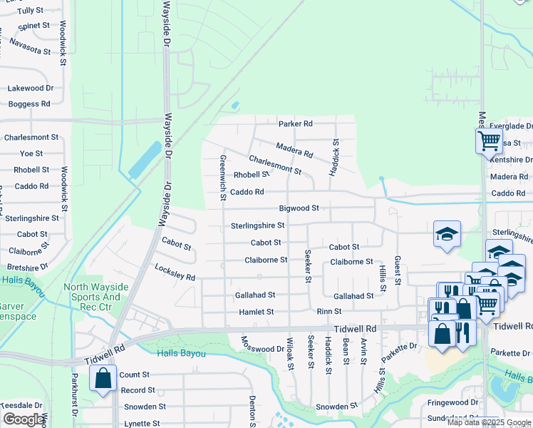 map of restaurants, bars, coffee shops, grocery stores, and more near 8221 Bigwood Street in Houston