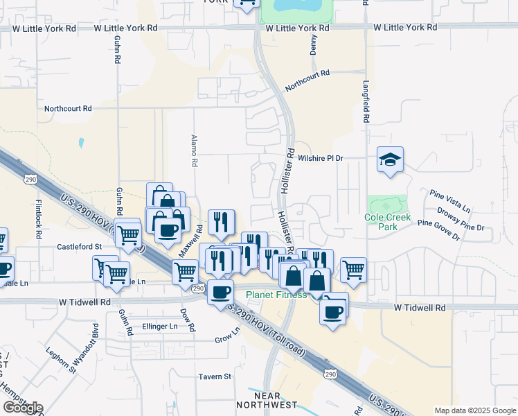 map of restaurants, bars, coffee shops, grocery stores, and more near 7519 North Linpar Court in Houston