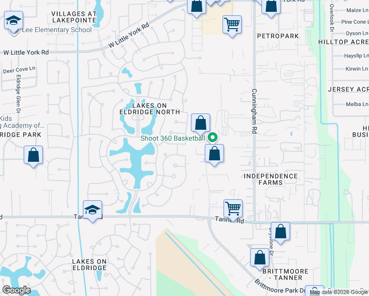 map of restaurants, bars, coffee shops, grocery stores, and more near 12007 Laguna Terrace Drive in Houston