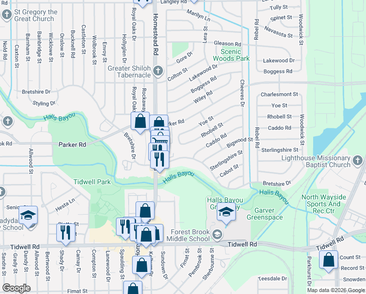 map of restaurants, bars, coffee shops, grocery stores, and more near 7216 Rhobell Street in Houston