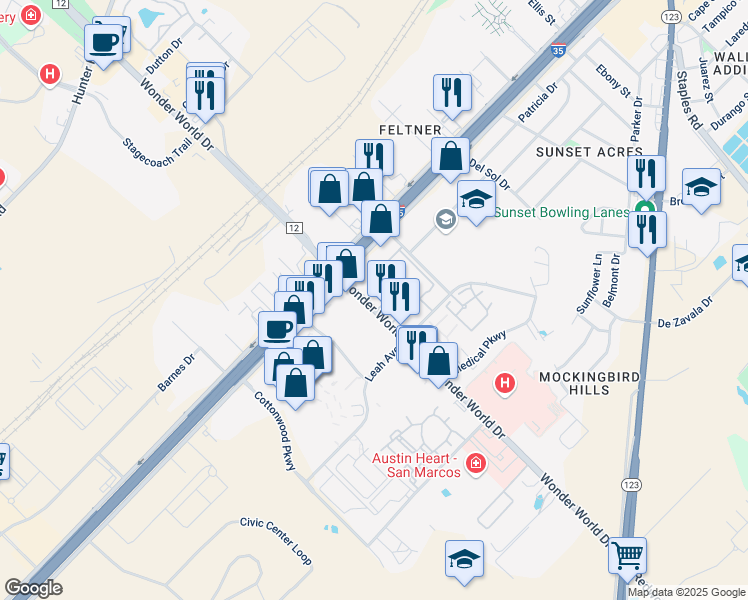 map of restaurants, bars, coffee shops, grocery stores, and more near 9 Wonder World Drive in San Marcos