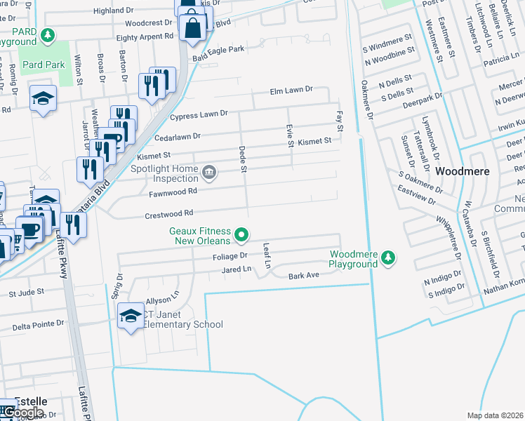map of restaurants, bars, coffee shops, grocery stores, and more near 2600 Crestwood Road in Marrero